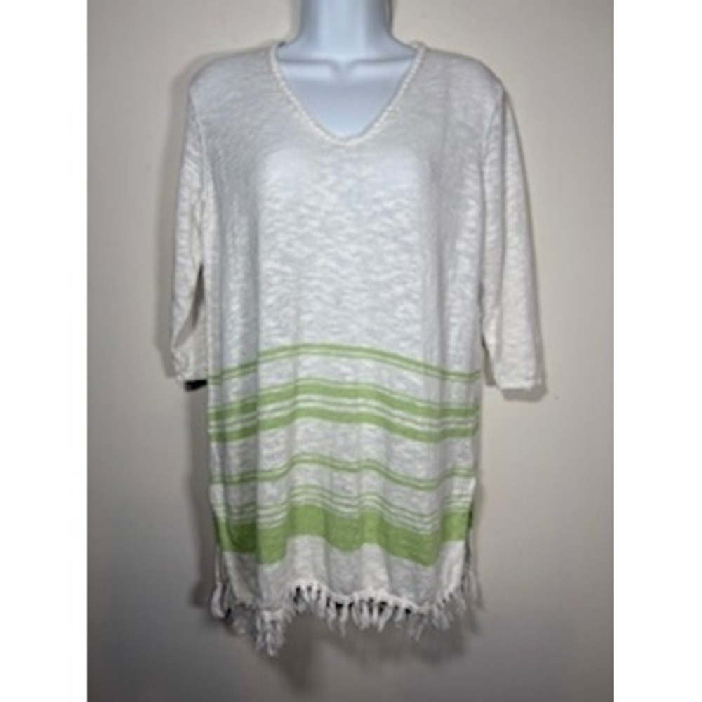 J. Jill Linen Blend Fringe Sweater Tunic SP White Green Striped V-Neck Top